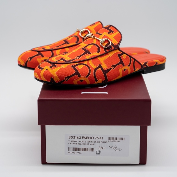 size 38.5G 8.5 US Gucci Princetown Horsebit Print Orange Mules Slip On - Picture 10 of 11
